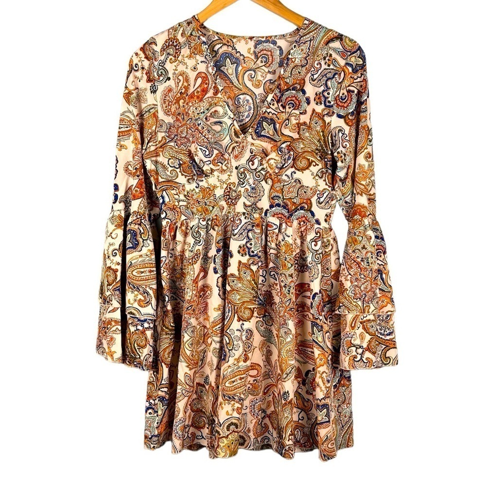 Paisley Orange and Blue Bell Sleeve Retro 70's Boho Mini Dress Women's Size M